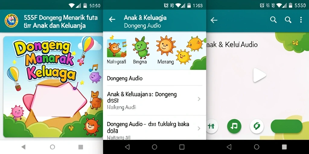 Tampilan antarmuka aplikasi 555F yang ramah anak dengan pilihan cerita yang menarik.