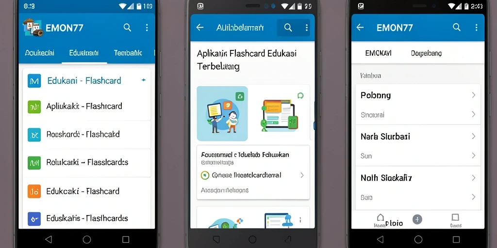 Tampilan antarmuka aplikasi EMON77 dengan fitur flashcard yang menarik.
